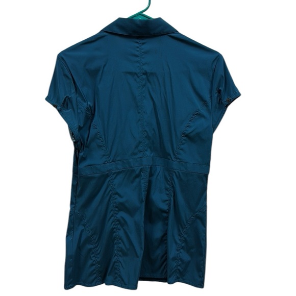 Express Designs Studio Short Sleeve Ruffled Empire Buckle Waist Zip Blouse M - Picture 6 of 11